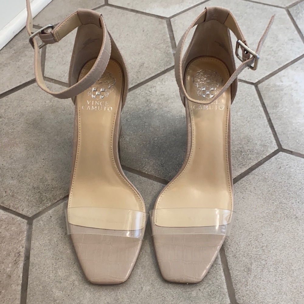 Clear/taupe snake heels
